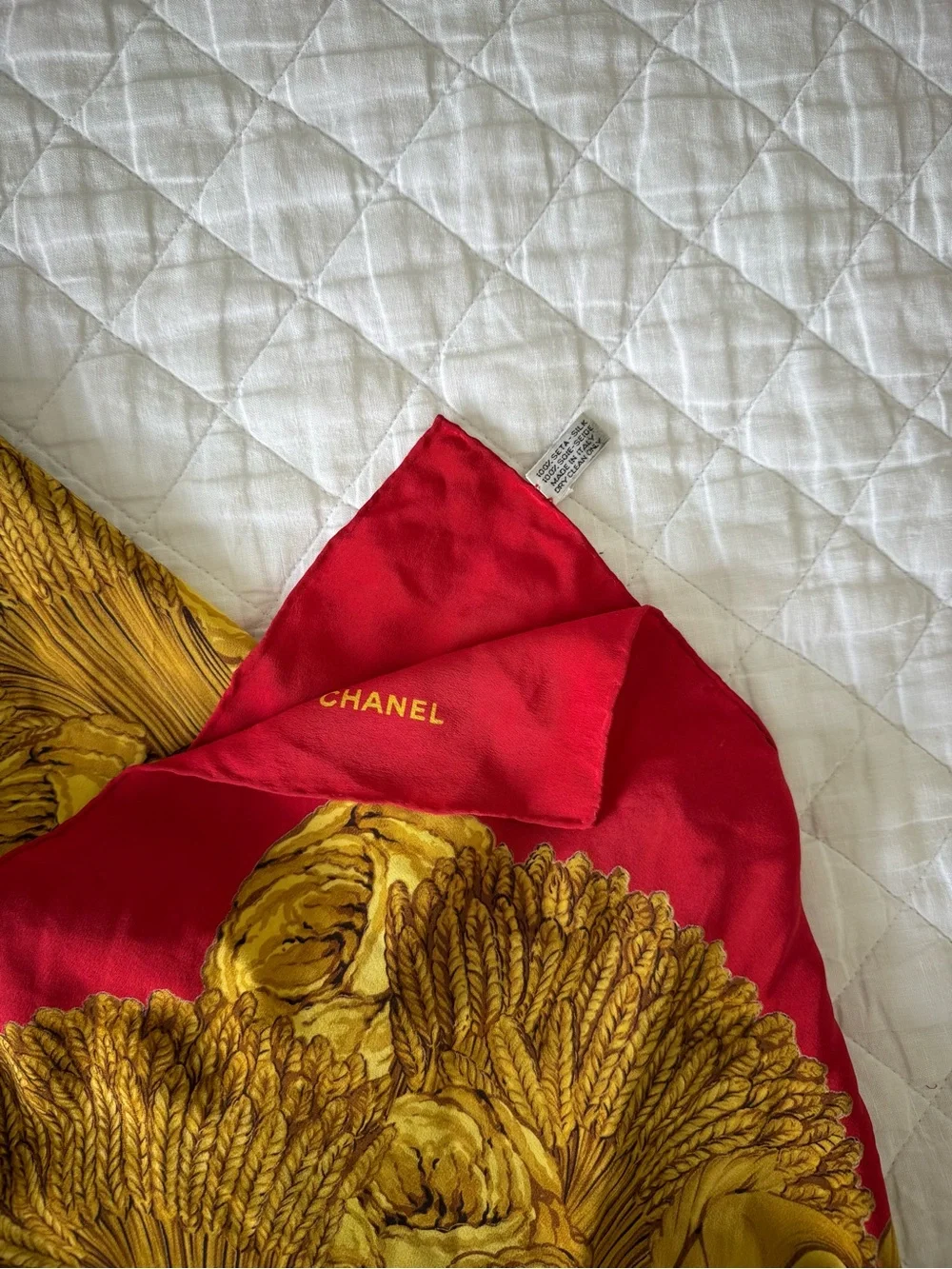 CHANEL Red and Gold Floral Silk Scarf